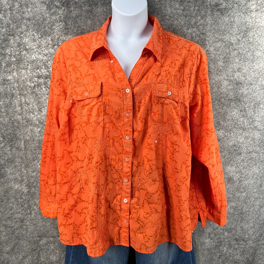 Liz and Me Catherines Shirt Women 2X 22W 24W Orange Shadow Floral Shimmer Boxy - Picture 2 of 12